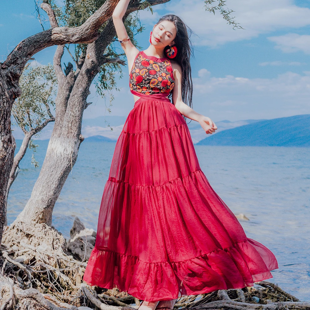 

KHALEE YOSE Boho Maxi Dress Summer Vintage Embroidered Dresses Chiffon Tiered Tied Up Sleeveless Midriff Sexy Dress Hippie Women