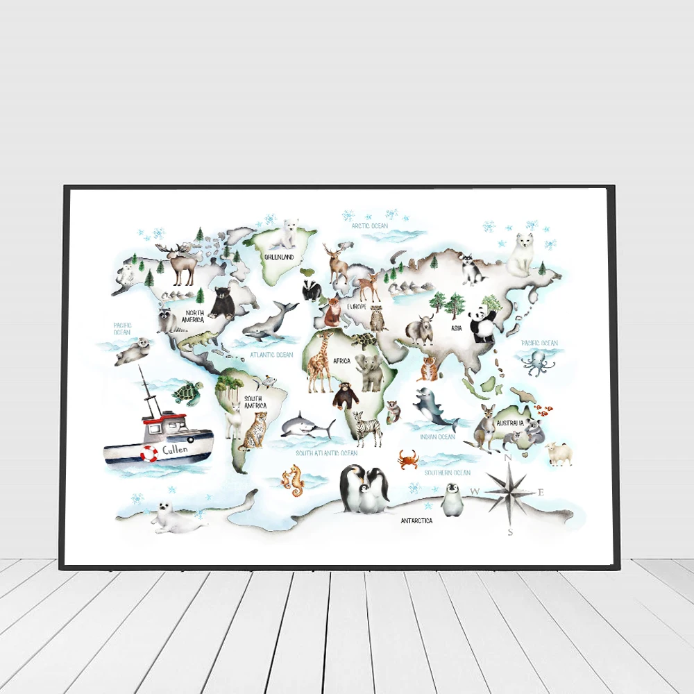 Animais dos desenhos animados mapa do mundo imagens de parede para o quarto das crianças decoração para casa berçário crianças cartazes e impressão arte do bebê cnavs