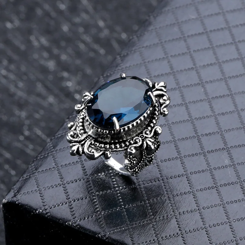 Винтажное женское кольцо с голубым овальным камнем, серебряное кольцо с цветком, Женское кольцо в этническом стиле, Ретро ювелирные изделия, роскошные вечерние кольца для помолвки, ADR005