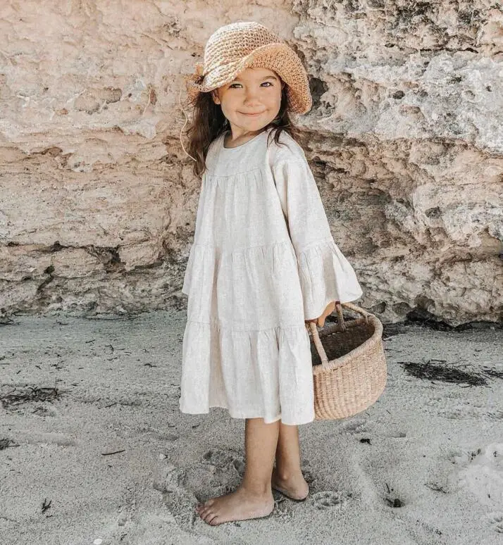 Г. Весенне-летнее однотонное хлопковое льняное платье для девочек; платья принцессы с расклешенными рукавами для маленьких девочек; модное платье; длинные платья