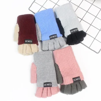 

Wool Winter Women Gloves Splicing Knitted Stretch Elastic Half Finger Gloves Outdoor Mittens Warm Fingerless Gloves