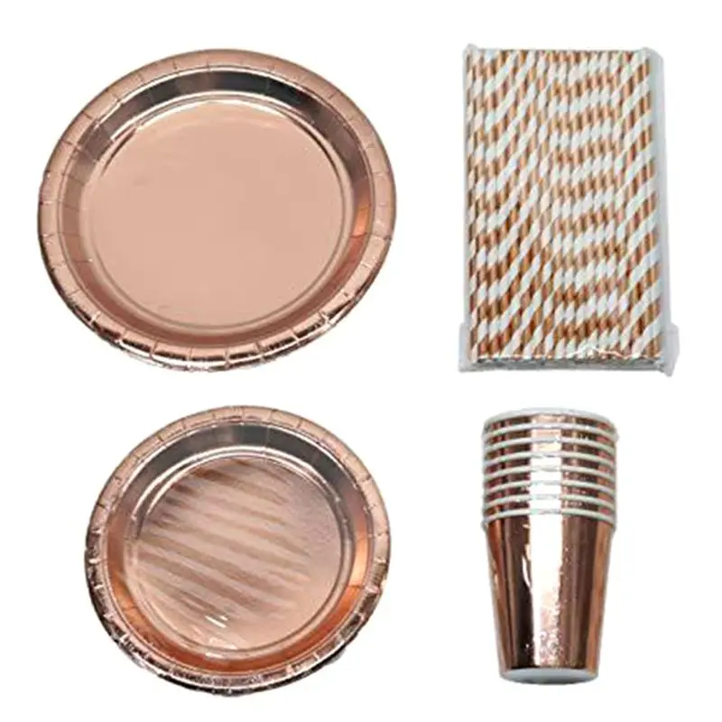 

49 pcs Rose Gold Dot Disposable Dinnerware Set Service for 8 Guest Holiday Christmas party