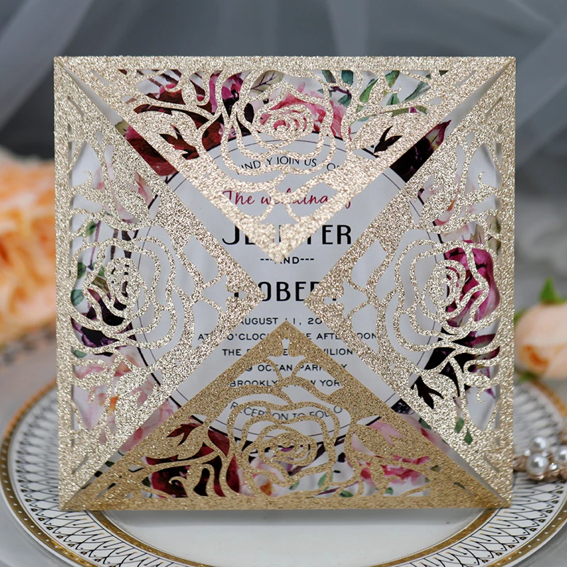 

50pcs Glitter Paper Hollow Flowers Laser Cut Wedding Invitation Card Business Cards Custom Printable Party Wedding Decoration