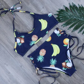 

Fruit Print Halter Brazilian Bikini Set Sexy String Bikinis 2019 High Waist Swimwear Two Piece Swimsuit Women Bathing Suit XL