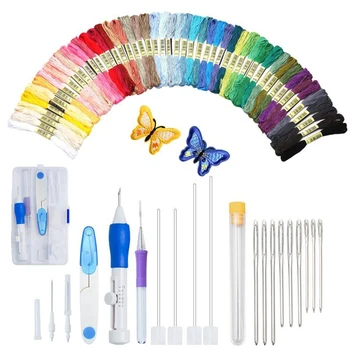 

DIY Embroidery Starter Kit Full Set-Magic Embroidery Punch Needle Hoops Threads Stitching Punch Pen Table Games Entertainment