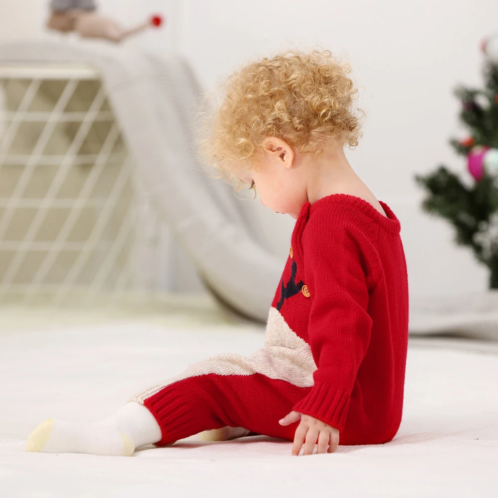 Рождественские боди с оленем для маленьких мальчиков; вязаные комбинезоны для малышей; новогодний костюм для маленьких девочек; детская теплая шерстяная одежда; От 0 до 2 лет