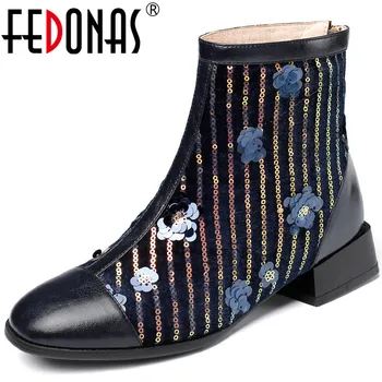 

FEDONAS 2020 Fall Winter Keep Warm Ankle Boots Heels Genuine Leather Back Zipper Thick Heels Shoes Woman Party Boots Boots