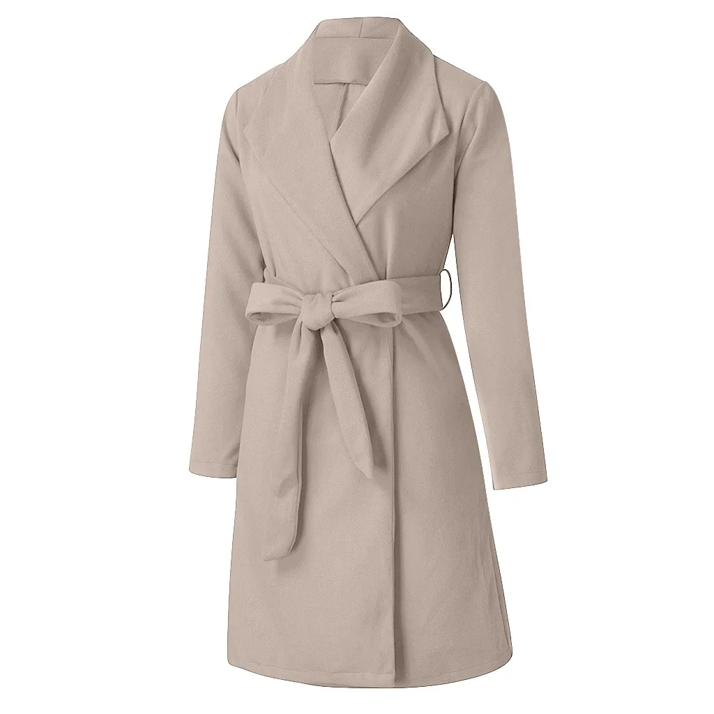 Женская осенне-зимняя однотонная уличная одежда размера плюс S-3XL, Бандажное шерстяное пальто с длинным рукавом, Женская Повседневная тонкая плотная верхняя одежда SJ4580M