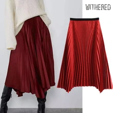 Увядшая Англия Стиль Элегантный однотонный Атлас Плиссированные бархатные миди юбка Женская высокая талия faldas mujer moda длинные юбки женские