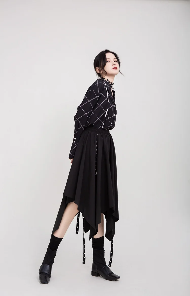 Aransue Irregular Skirt Female Autumn New Diablo Street Punk Wind Ribbon Button Mid-length Skirts Tide