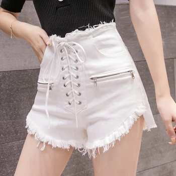 

new tassel denim shorts high waist elastic lace Up thin super short pants joker hot fashion web celebrity