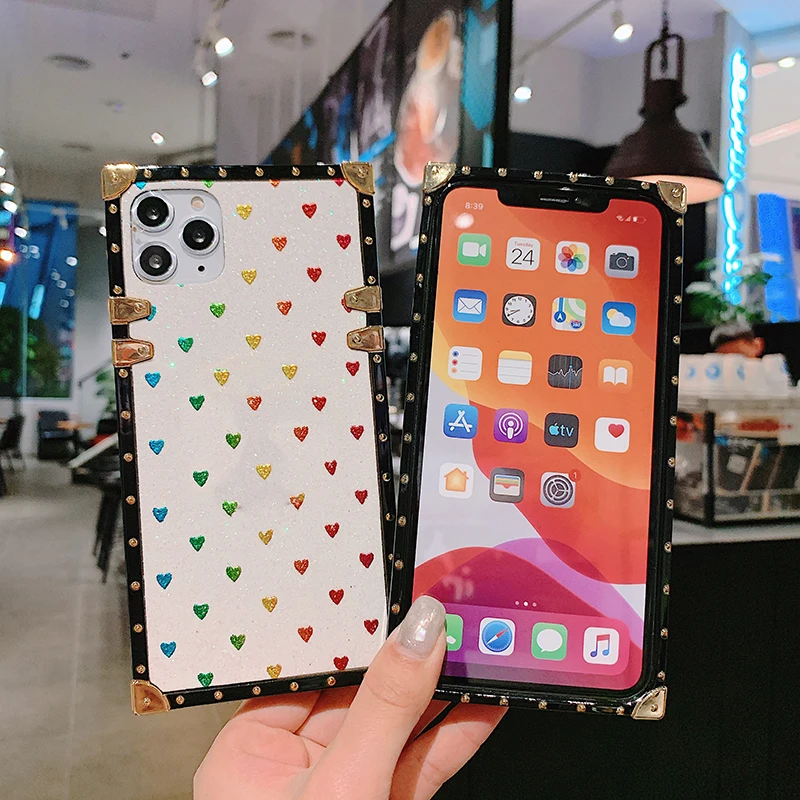 Блеск Любовь сердце квадратные Чехлы для samsung S10 плюс S9+ S8+ Note10 плюс 9 8 A70 A50 A40s A30 A20 A10 M20 M10 палец Стенд кожаный чехол - Цвет: White