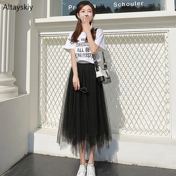 

Skirts Women Summer Chic Korean Style All-match Simple Harajuku Streetwear High Quality Kawaii A-Line Ankle-Length Solid Casual
