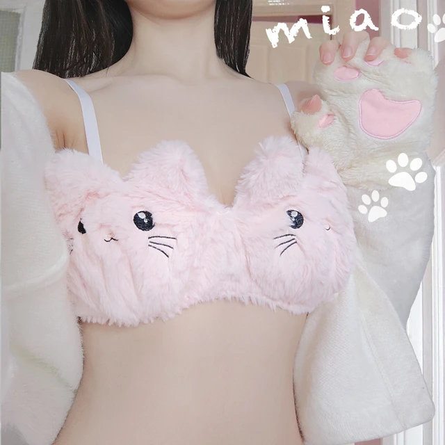 Cute Anime Cat Girl Japanese Bra & Panties Set Wirefree Soft Underwear  Sleep Intimates Kawaii Lolita Hollow Out Kitty Nightwear