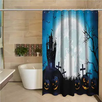 

Halloween Professional Shower Curtain Spooky Concept with Scary Icons Old Celtic Harvest Figures in Dark Image Holiday Print