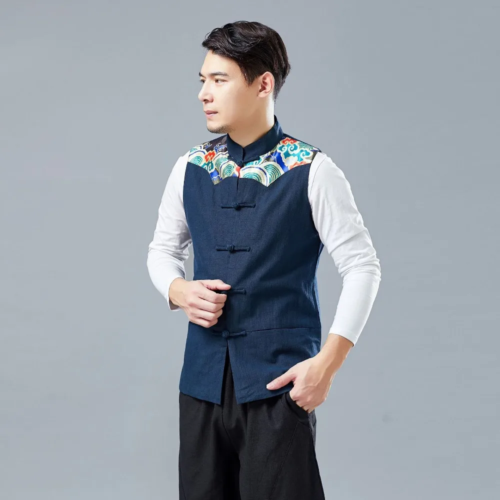 LZJN 2019 Men's Summer Waistcoat Chinese Style Print Patchwork Linen Button Down Kung Fu Shirt Sleeveless Vest Jacket (20)