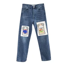 Женские брюки, Осень-зима, новинка, ручная роспись, медвежонок, сад, заплатка, Ретро стиль, прямые джинсы для женщин