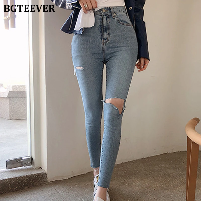 BGTEEVER Streetwear Denim Blue High Waist Jeans Woman Vintage Ripped Holes Jeans for Women Pockets Skinny Pants Female 2019 BGTEEVER Streetwear Denim Blue High Waist Jeans Woman Vintage Ripped Holes Jeans for Women Pockets Skinny Pants Female 2019