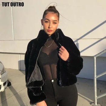 

Streetwear Autumn Winter Jackets Women Personality Solid Black Lamb Hair Stand Collar Loose Zipper Short Keep Warm Jacket