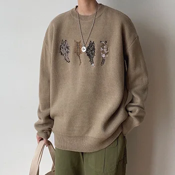 

2019 Spring And Autumn New Japanese Solid Color Round Neck Bottom Set Embroidered Sweater Youth Loose Pullover Men's Trend