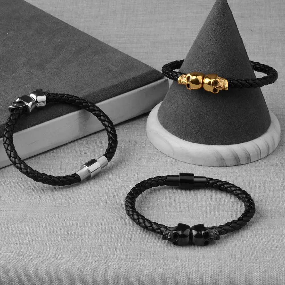 Stainless Steel Leather Bracelet Skull Skeleton Head Bangle For Men Bracelet Jewelry