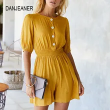 DANJEANER Summer Button Cotton Solid Jumpsuit Women Overalls Office Ladies Half Sleeve Rompers Elastic Waist Slim Work Playsuit DANJEANER Summer Button Cotton Solid Jumpsuit Women Overalls Office Ladies Half Sleeve Rompers Elastic Waist Slim Work Playsuit