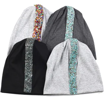 

Fashion Spring Winter Autumn Beanie Hat Cotton Skull Caps For Adults Woman Beanies Warm With Shining Stone Stripe Accessories