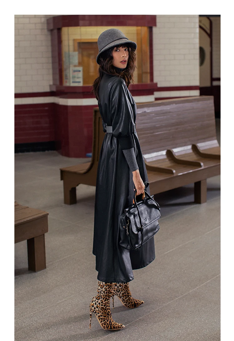 Высококачественное кожаное Замшевое платье, зимний стиль, женское платье с круглым вырезом, вязанный рукав, пэчворк, длина до середины икры, черное платье из искусственной кожи