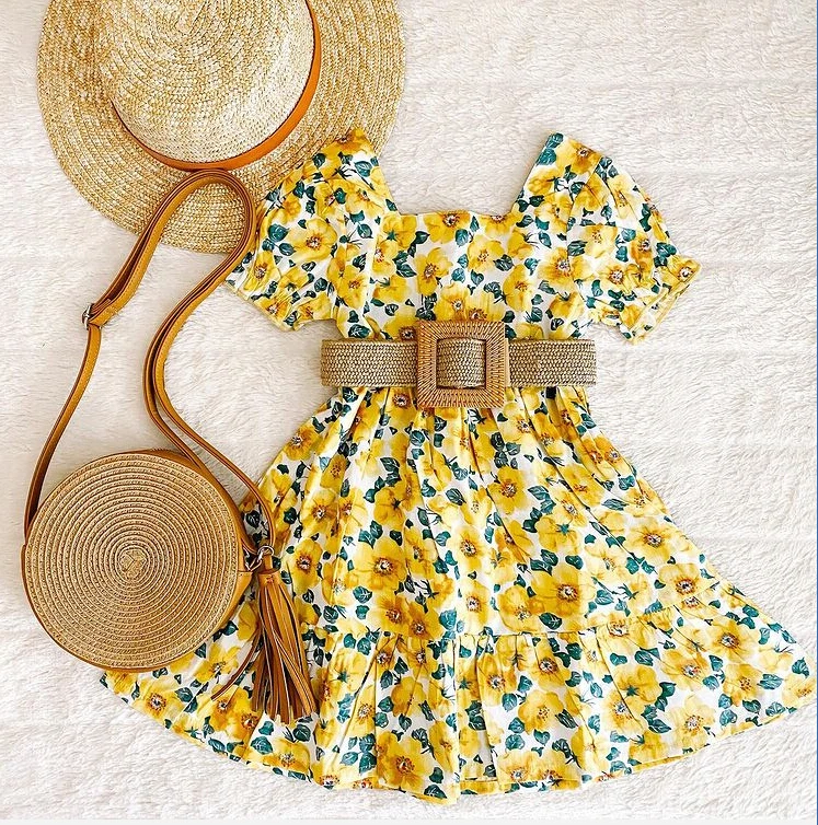 FOCUSNORM Summer Princess Toddler Girls Dress With Belt 1-6Y Flowers Printed Ruffles Sleeve Knee Length A-Line Dress
