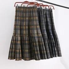 Осенне-зимняя эластичная плиссированная юбка средней длины с высокой талией, теплая шерстяная клетчатая юбка для женщин, женские юбки, женские юбки saia saias