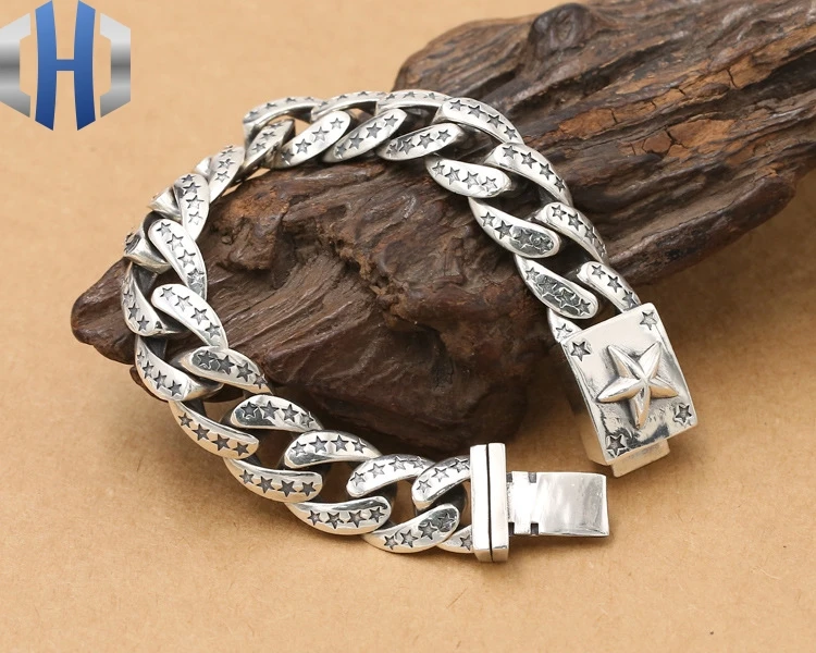 

S925 Sterling Silver Jewelry Retro Thai Silver European And American Style Personality Pentagram Men's Popular Punk Bracelet