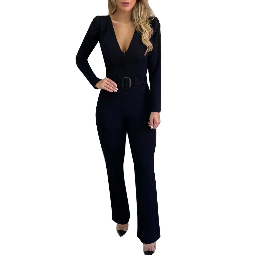Winter Women Jumpsuits office lady Sexy V Neck Long Sleeve Solid Loose Belted Bodycon Ladies Long Rompers Slim Jumpsuit