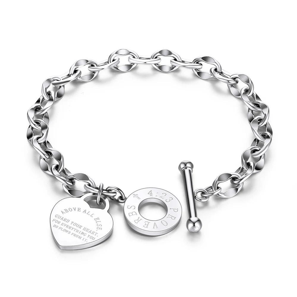 Stainless Steel Love Heart Bracelets For Women Party Gift Fashion Joyas de Chain Charm Bracelets Jewelry Wholesale Text Engraved