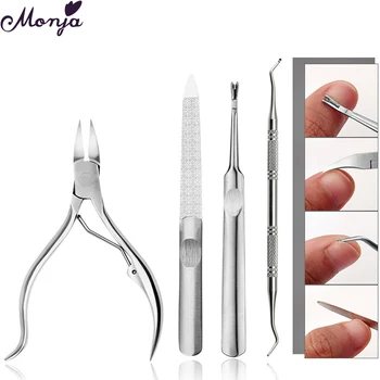 

Monja 4Pcs Silver Stainless Steel Cuticle Pusher Scissors Nail Art Set Dead Skin Cleaning Remove Clipper Plier Manicure Care Kit