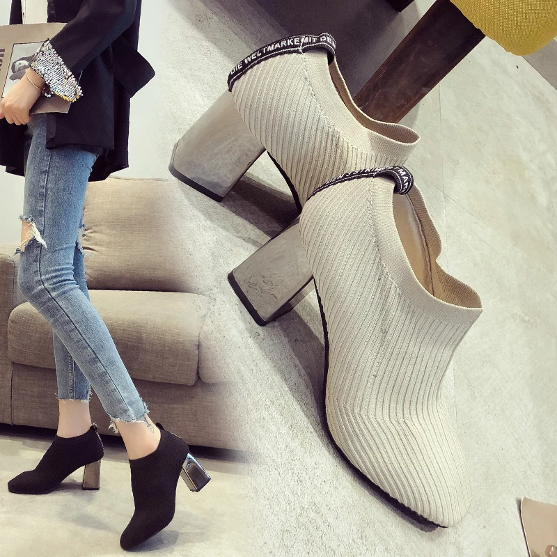 

Women Sock Ankle Boots Square Heels Shoes 2019 Winter Booties Fashion Ladies Female High Heel Knitting Elastic Casual Boots Sock