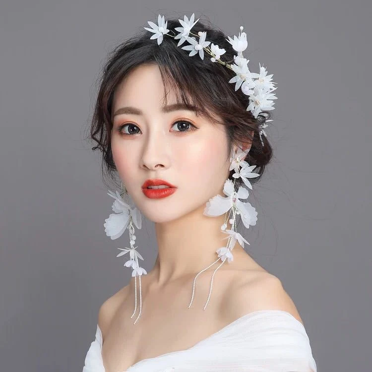 妖精花嫁ヘッドドレスヘアアクセサリー新しいウェディングホワイト花ヘッドピン美的ドレスアクセサリー イヤリングスーツ Hair Jewelry Aliexpress
