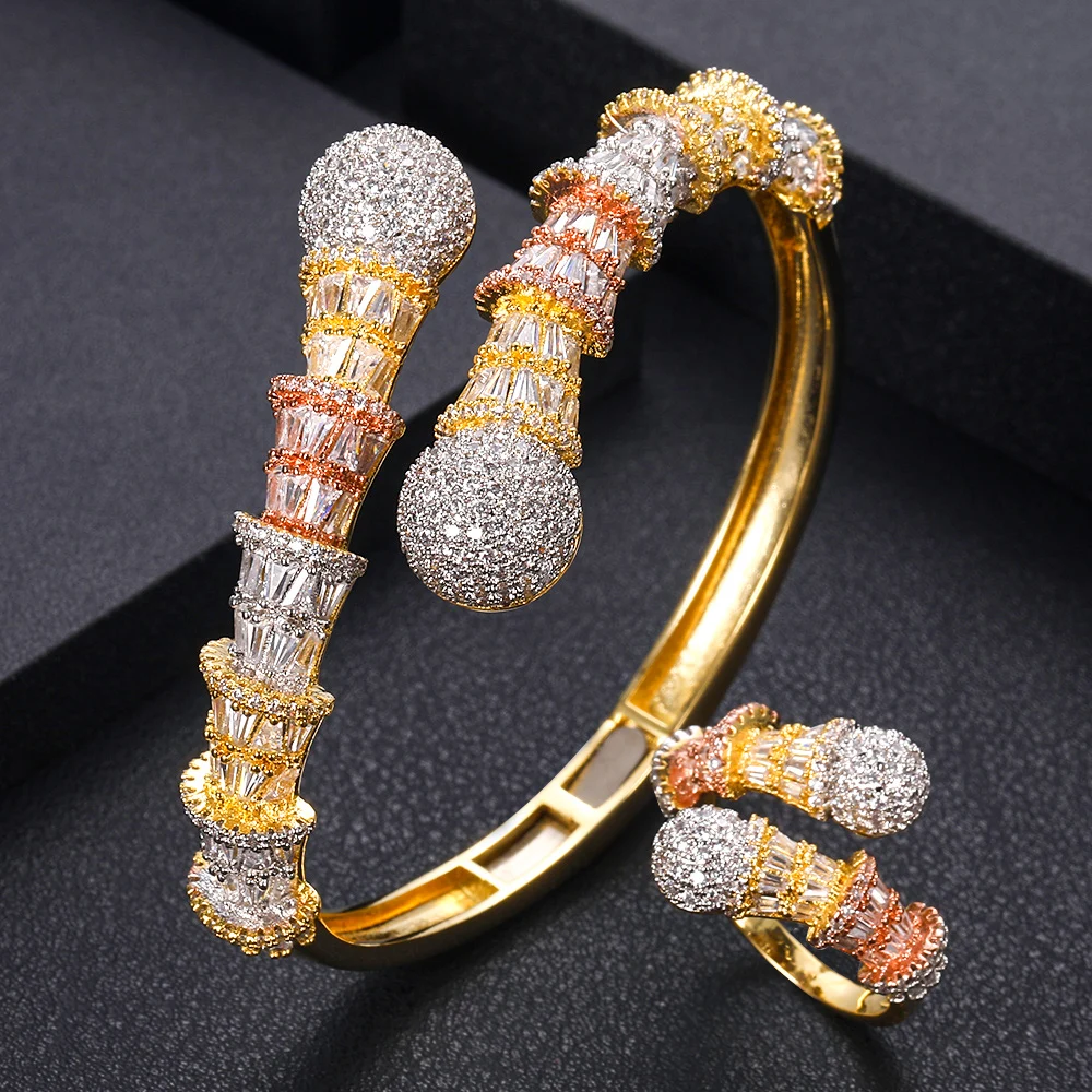 

ACCking luxury Tricolor Unique African Bangle Ring Set Jewelry Sets For Women Wedding Cubic Zircon Crystal CZ Dubai Bridal