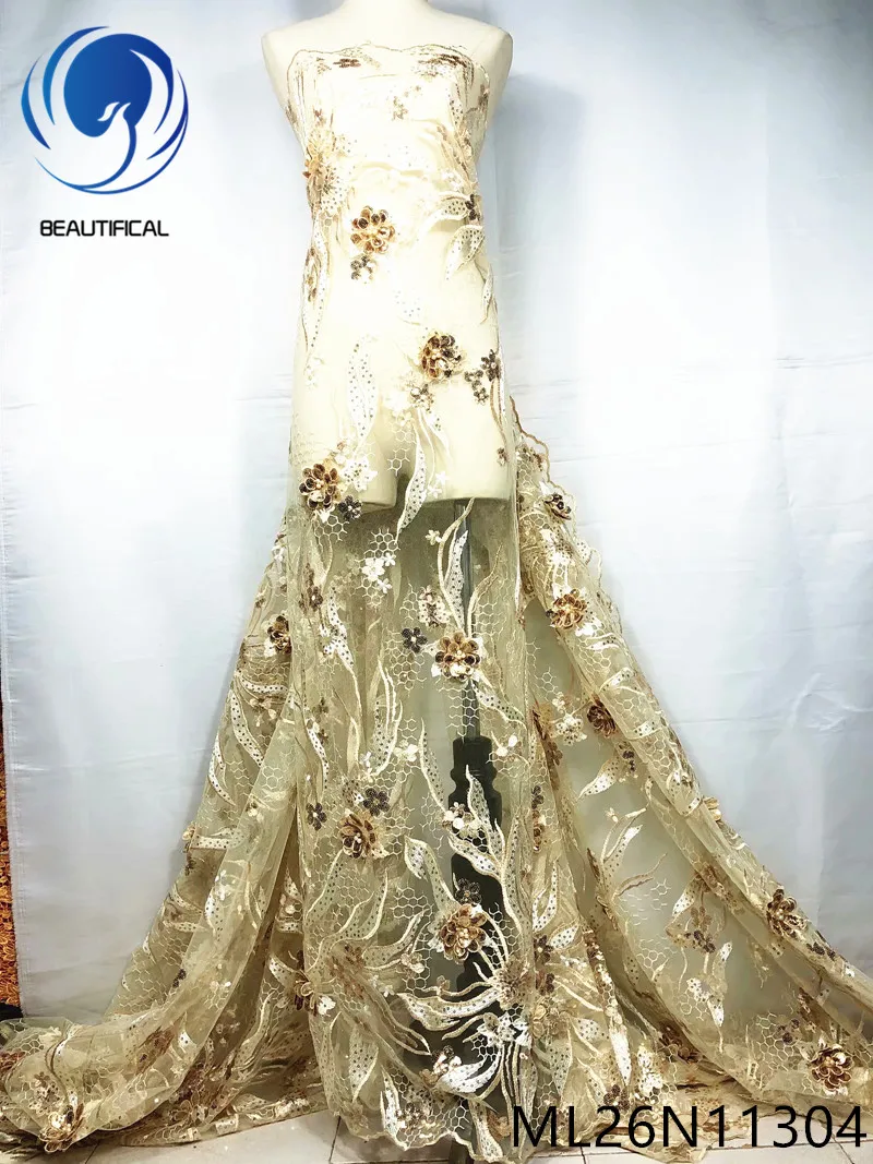 

BEAUTIFICAL 3d flowers french lace fabrics with sequins Elegant style nigerian net lace with beads for dress 5yards ML26N113