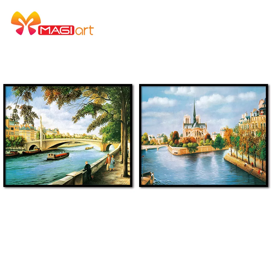 

Cross stitch kits Embroidery needlework sets 11CT water soluble canvas patterns 14CT Landscape painting Riverside Seine-NCMS030
