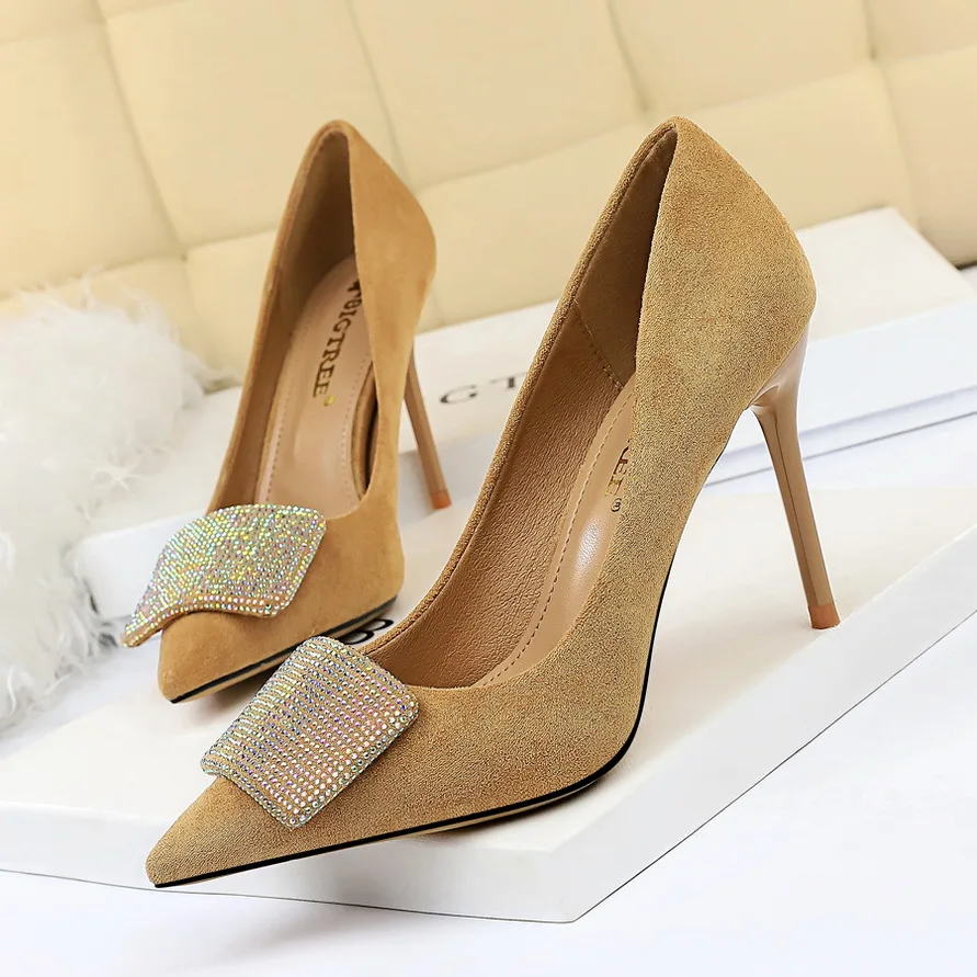 

plardin Fashion high heel women's shoes fine with suede shallow mouth pointed rhinestone sexy nightclub high-heeled women pumps