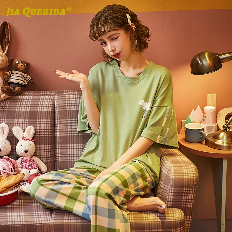 Spring Crew Neck Plus Size Woman Clothes Pajamas for Women Pjs Women Sleepwear Short Sleeve Plaid Pants Homesuit Homeclothes