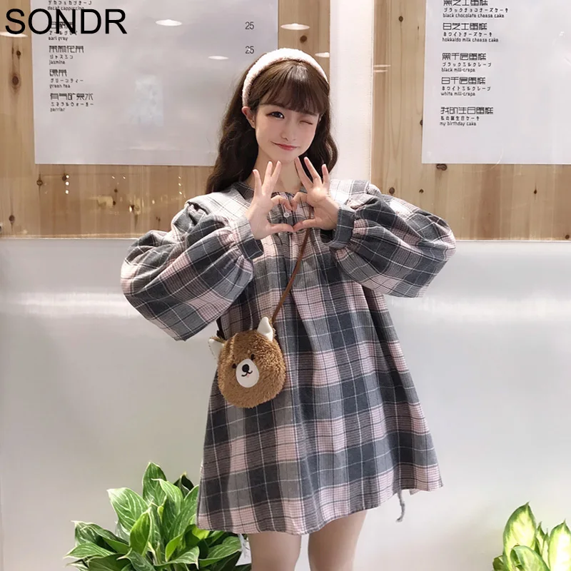 

One Piece Dress Women Japanese Kawaii Girly Navy Collar Long Sleeve Lattice Mini Dresses New Loose Vintage Soft Girl Plaid Dress