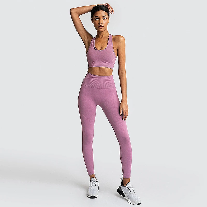 Сексуальный комплект для йоги, 2 шт., Женская бесшовная одежда для спортзала, фитнес-костюм, спортивный бюстгальтер+ длинные штаны, женская спортивная одежда для тренировок, для бега, сухая посадка - Цвет: purple pink