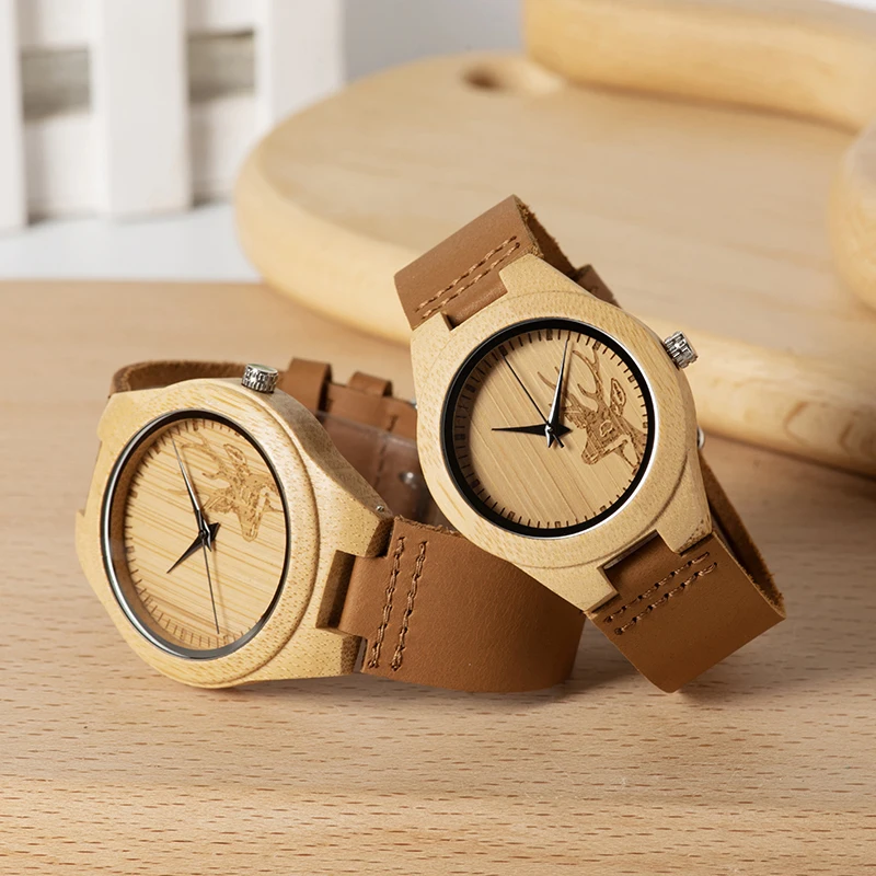 BOBO BIRD Customized Lover's Watches Engrave on Wooden Box Genuine Leather Strap Wood Quartz Men Women Timepieces Gift for Her