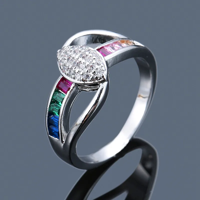

Charm Female Ladies Cross Finger Ring Vintage Silver Yellow Gold Love Ring Rainbow Colorful Zircon Stone Rings For Women