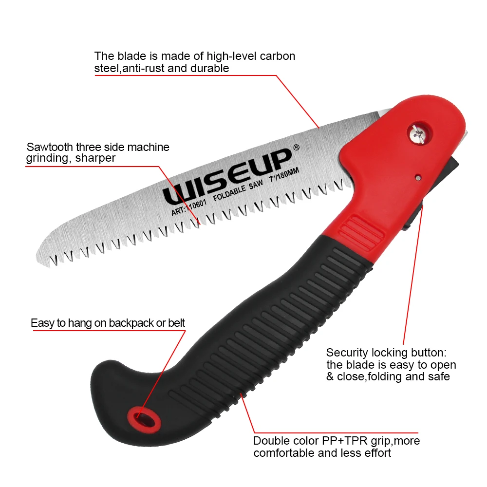 WISEUP Folding Saw Portable Camping Hand Saw with Gear Lock Carbon Steel Blade Gardening Trimming Woodworking Hand Tools 3