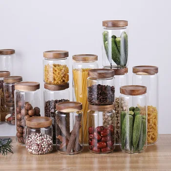 

Food Glass Storage Jars Snacks Pepper Spice Sealing Glass Bottles with Wooden lids Home Kitchen Storage Jars