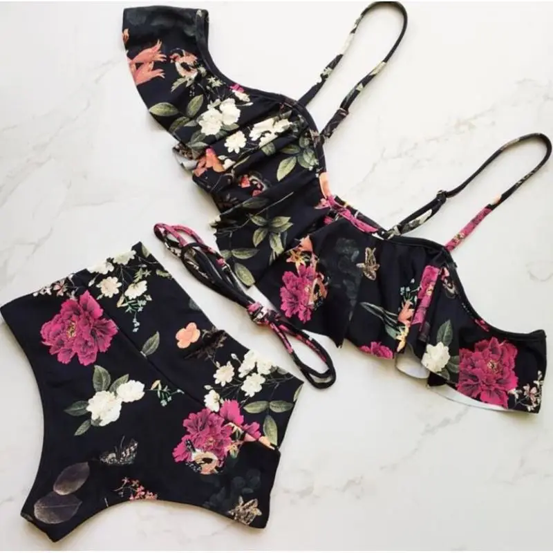 

2019 Bikini Hot Selling Women's Flounced Printed High-waisted Two-piece Swimsuits Revealing Bikini Women's