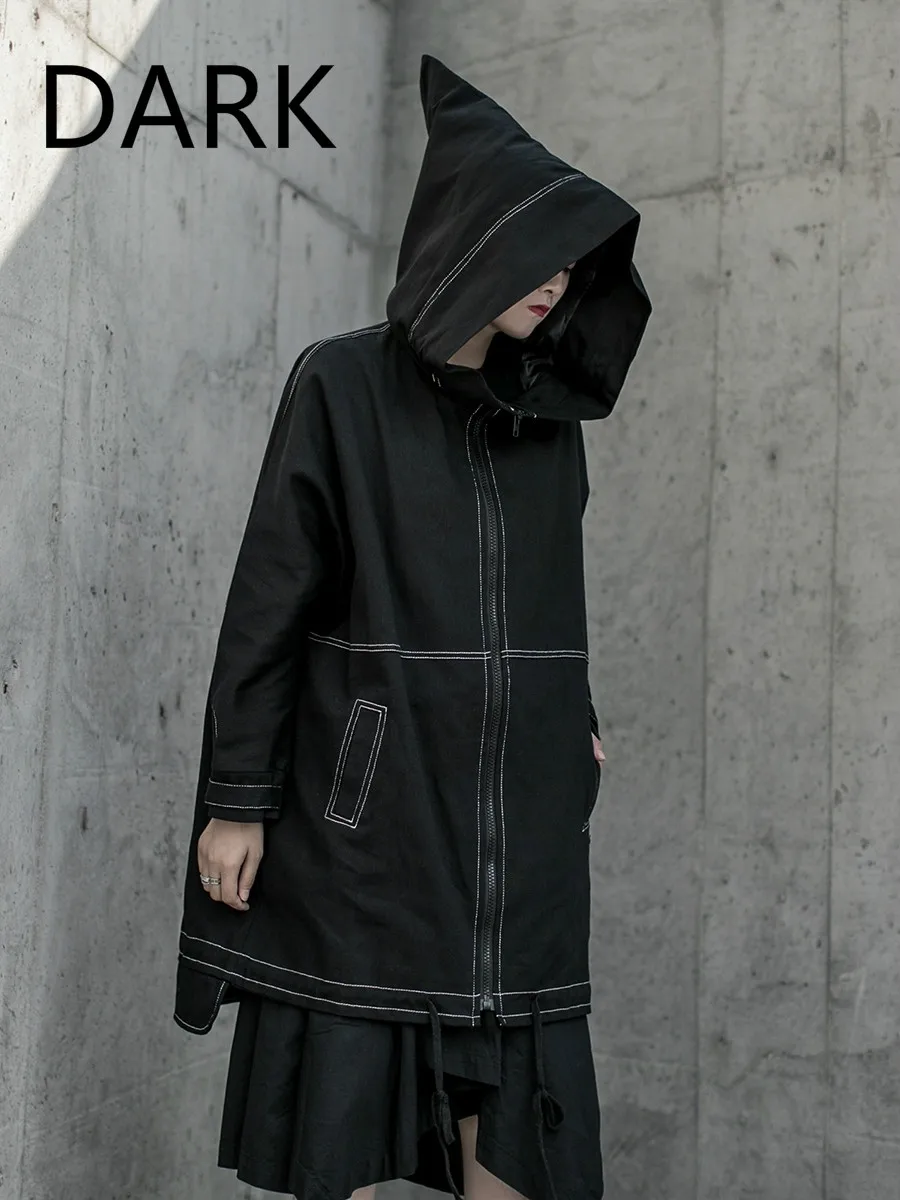 

2020 Dark Gothic Personalized Open Line Design Medium Long Trench Coat