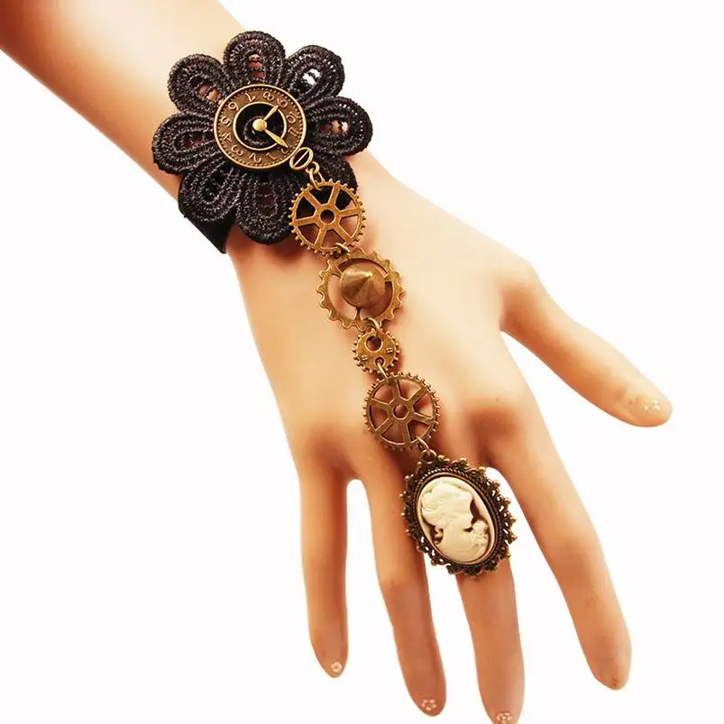 Vintage Gothic Skull/Portrait/Butterfly/Clock Mixed with Gears Steampunk Lace Bracelet Cosplay Party Accessory